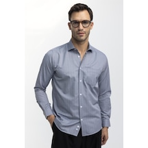 Tudors Klasik Fit İnce Çizgili Pamuklu Kravatlık Yaka Erkek Gri Gömlek-26973-gri Gri