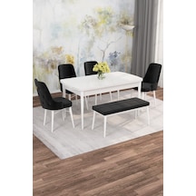 Jusie Beyaz 80x132 Açılabilir Sunta Masa Yemek Odası Takımı, Mutfak Takımı 4 Adet Sandalye, 1 Bench Siyah