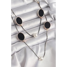 Pirinç Siyah Renk Zincir İnci Detaylı Çoklu Kadın Kolye Çok Renkli