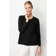 Desen Triko Kadın Sıfır Yaka Önü Pileli Boncuklu Ligralı Bluz 25095 Siyah Siyah