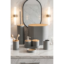 Porsima 4532 8 Parça Banyo Seti - Bambu Kapaklı Çöp Kovası, Sabunluk, Diş Fırçalığı Ve Wc Fırçası Gri Grı