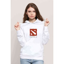 Dota Baskılı Beyaz Kadın Kapşonlu Sweatshirt