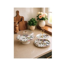 Flora 2li Fanuslu Seramik Katlı Kurabiyelik Pasta Sunum Tabağı Seti - Kup123f Beyaz