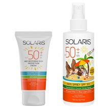 ﻿Solaris SPF 50+ Yaşlanma Karşıtı Güneş Kremi 50 ML + Çocuk SPF 50+ Yüksek Koruma Güneş Kremi Sprey 150 ML