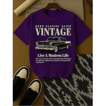 Kozia Outdoors Malkocbey Vintage Araba Baskili Oversize Basic O Yaka T-shirt Mor