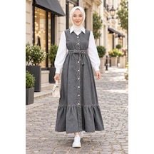 Hb Harma Time Butik Kadın Düğmeli Kuşaklı Eteği Fırfırlı Gri Kot Jile Gri Gri