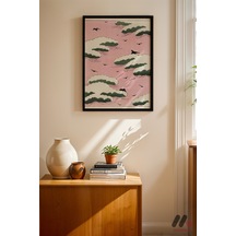 Pembe Bulut Ve Kuş Deseni, Siyah Çerçeveli Duvar Tablosu - Modern Ev Dekorasyonu