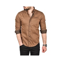 Deepsea Erkek Kahve Slim Fit Pamuklu Kot Gömlek Kolay Ütülenebilir Çıt Çıtlı Likralı Spor Gömlek 2502504 Kahve