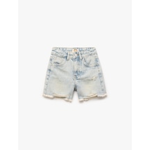 Koton Pamuklu Bol Kalıp Saçaklı Paça Denim Şort Lıght Indıgo 5skg40122ad Açık Mavi