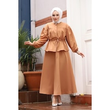 Bronş Detaylı Tesettür Camel Takım Camel