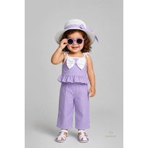 Babyden's Kız Bebek Şapkalı Yazlık Takım 3'lü Doğum Günü Kıyafeti Çizgili Fırfırlı Bluz Pantolon Kombini 9-36 Ay Lila