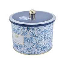 Evle-azulejos Desenli Yuvarlak Metal Saklama Kabı 14 Cm, Erzak Kabı - Organizer Kutu 17,5 Cm X 13 Cm Azulejos Hello