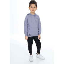 Toontoy Kids Toontoy Erkek Çocuk 2'li Takım Baskılı Kapüşonlu Cepli Sweatshirt & Beli Paçası Lastikli Cepli Jogger Eşofman Altı - Renk Bloklu & 2 İplik Füme