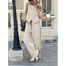 Efnaz Style Kadın Kolsuz Önü Düğmeli Yelek Ve Pantolon Ikili Takım Bej