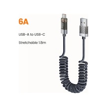 Xuweiwei Grey Usb-a To Type-c 1.8m 5.9ft Toocki Spring Kablosu 100w 6a Dijital Ekranlı Şarj Ve Veri Aktarım Kablosu