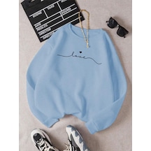Love Yazı Sweatshirt - Bebe Mavisi Baskılı Oversize Kalın Kışlık Bisiklet Yaka Bebe Mavisi