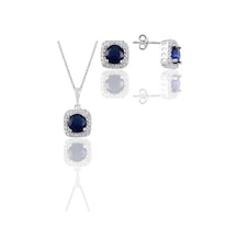 Gümüş Beyaz Altın Rodyumlu Safir Taşlı Kare Ikili Set