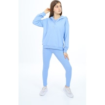 Toontoy Kids Toontoy Kız Çocuk 2'li Takım Baskılı Kapüşonlu Düşük Omuz Çıtçıtlı Sweatshirt & Basic Düz Tayt Mavi