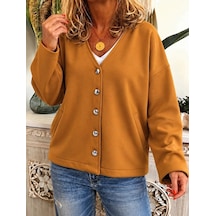 Zenna Tarz Kadın Düğme Detaylı V Yaka Oversize Camel Ceket / Hırka