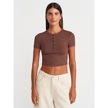 Dilvin 31647 Düğme Detaylı Crop Top-açık Kahve Açık Kahve