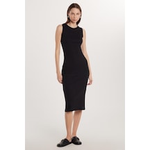 Tudors Kadın Slim Fit Dar Kesim Modal Bisiklet Yaka Sıfır Kol Maxi Siyah Elbise-33540 Siyah