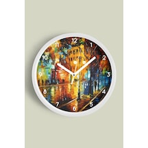 Yağlı Boya Görünümlü Cadde Modern Tasarım Duvar Saati - 42cm - Önü Camlı Beyaz Kasa Beyaz