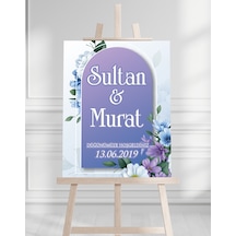 Söz Nişan Düğün İçin 50x70 Karşılama Panosu - Mor Çiçek Tasarımlı 001 Beyaz