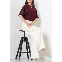 Modi Modal Kumaş Omuz Taş Detaylı Bluz Mürdüm - 71763.2180. Altın - Siyah