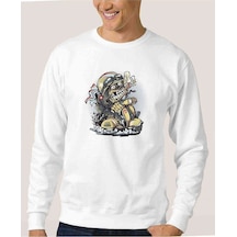 Scooter Smoker Baskılı Beyaz Erkek Örme Sweatshirt