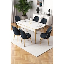 Canisa Nira Serisi 70x114 Mdf Açılabilir Beyaz Mutfak Masa Takımı 6 Antrasit Sandalye Gold Detay Masa Beyaz Sandalye Antrasit Ayaklar Gold