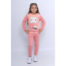 Kız Çocuk 3 İplik Eşofman Takımı Kedi Baskılı E4 Somon