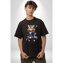Asyalı Kedi Samuray Savaşcı Pamuklu Bisiklet Yaka Unisex Oversize Boyfriend Dijital Baskılı Siyah T-shirt Siyah