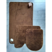Ultrasoft Düz Kahve 3 Lü Banyo Halısı Paspası Seti Kaymaz Deri Ta Kahverengi