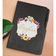 Bk Gift Kişiye Özel Çiçek Tasarımlı Siyah Termo Deri Not Defteri 15x21cm-9