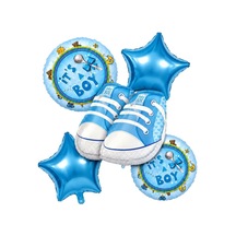 5 Li Baby Boy Ayakkabı Folyo Balon Seti Mavi Yıldızlı Erkek Bebek Baby Shower Süsü Mavi Beyaz