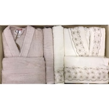 Özdilek Pamuk Aile Bornoz Seti-begonvil krem- bej Krem