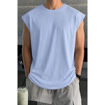 Cool Tarz Erkek Oversize Kolsuz Tişört %100 Pamuk Süprem Basic Bisiklet Yaka Mavi Mavi