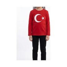 Es Eyüp Selda Kız Çocuk Ay Yıldız Türk Bayraklı Uzun Kollu Tişört Kırmızı