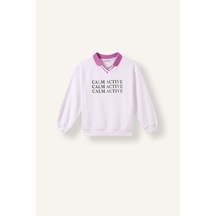 Defacto Relax Fit Kontrast Polo Yaka Baskılı Sweatshirt Kız Çocuk I3837a826auwt34 Beyaz-wt34
