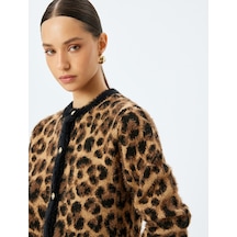 Koton Gold Düğme Detaylı Uzun Kollu Yuvarlak Yaka Leopar Desenli Peluş Hırka Deve Tüyü Desenli 5wak90617ht Camel Desenli Camel