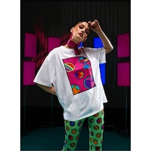 Kadın Oversize Pink Round Baskılı Beyaz T-shirt Beyaz