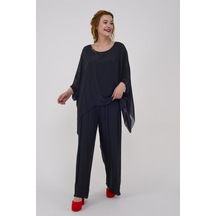 Bohem Stil İtalyan Yarasa Kol İpek Bluz & Pantolon Takım-8767 Antrasit