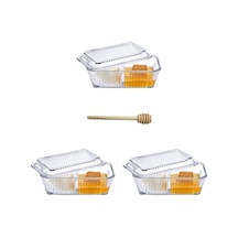 3 Adet Frigo Bölmeli Saklama Kabı, Reçellik, Ballık, Kahvaltılık + Baran Ahşap Bal Kaşığı Daldız Beyaz