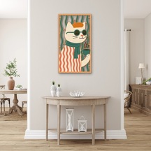 Gözlüklü Kahveci Kedi - Metal Tablo - Dec0329 36 X 65 Cm Çok Renkli