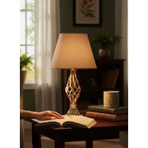 Vizon Kumaş Başlık Gold Burgulu Metal Ayak Modern Abajur 50x25cm