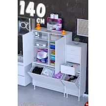Ohbe 100 + 40cm Genişlik 160cm Boy 32,5cm Derinlik Kirli Sepetli 2 Kapak 3 Çekmeceli Çok Amaçlı Banyo Dolabı Beyaz