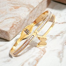 Zirkon Taşlı Kelebekli Çelik Kelepçe Bileklik - Vıp Serisi Gold Renk Lüks Takı Modası