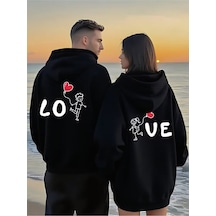 Hunors Sportswear & Company Still35 Özel Tasarım Lo-ve Baskılı Sevgili Kombini Modeli Kapüşonlu Sweatşhirt Siyah-siyah