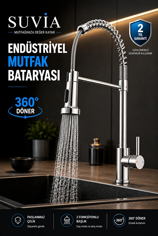 Endüstriyel Mutfak Bataryası 2 Fonksiyonlu 360 Döner Yaylı Profesyonel Eviye Musluğu Krom