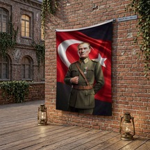 Askeri Üniformalı Başkomutan Mustafa Kemal Atatütk Ve Türk Bayrağı Poster Bayrak Raşel Kumaş 100x150 Cm Ata82 Diğer